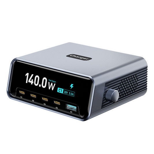 OEM-ladestasjon WLX-60G, 140W, 5A, 1 x USB-A - 4 x USB-C, Grå