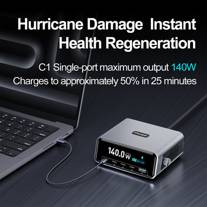 OEM-ladestasjon WLX-60G, 140W, 5A, 1 x USB-A - 4 x USB-C, Grå