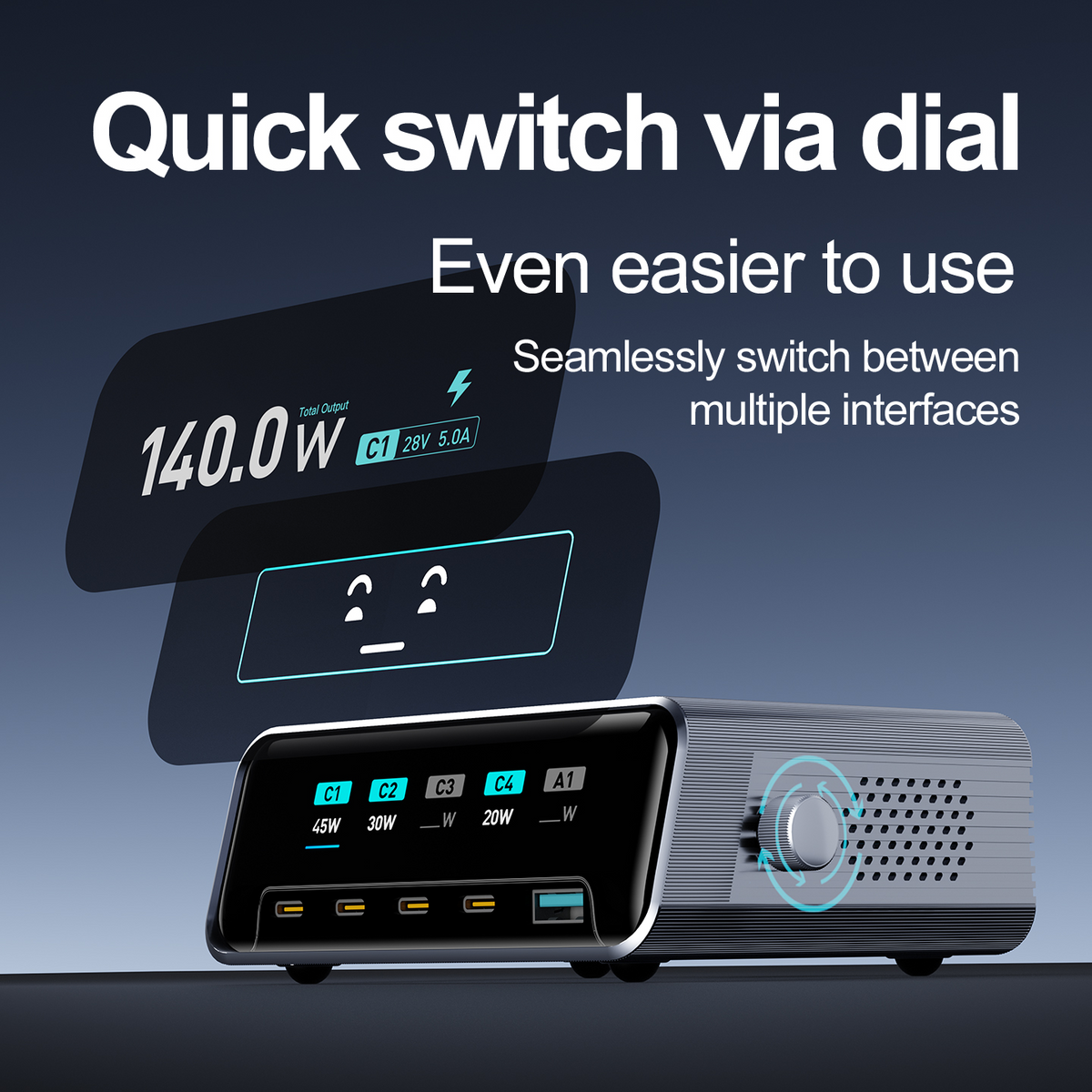 OEM-ladestasjon WLX-60G, 140W, 5A, 1 x USB-A - 4 x USB-C, Grå