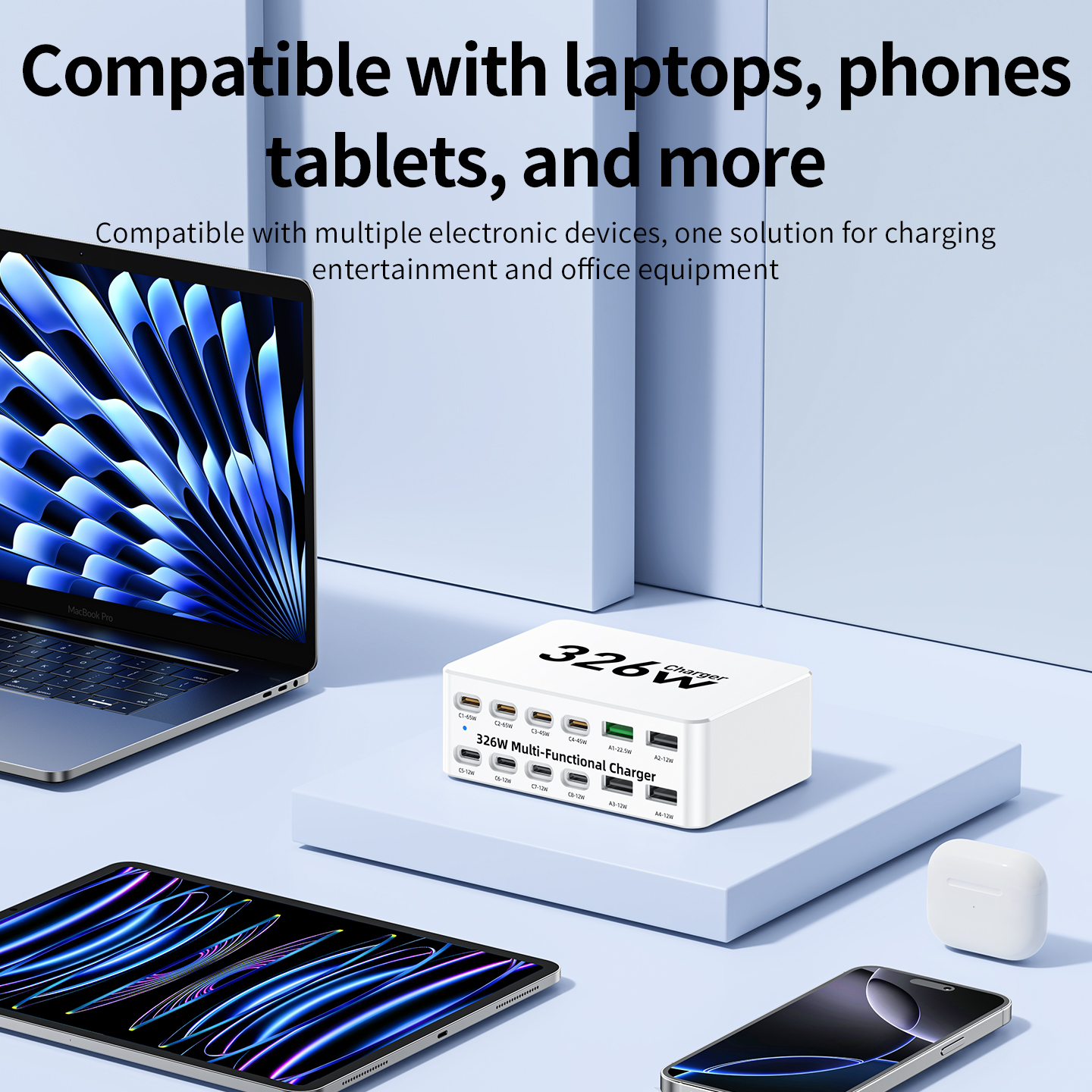 OEM Ladestasjon WLX-818E, 326W, 3,25A, 4 x USB-A - 8 x USB-C, Hvit