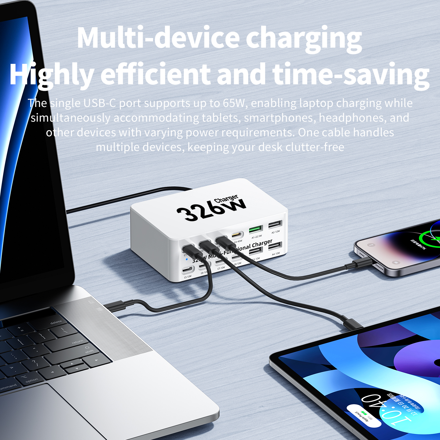 OEM Ladestasjon WLX-818E, 326W, 3,25A, 4 x USB-A - 8 x USB-C, Hvit