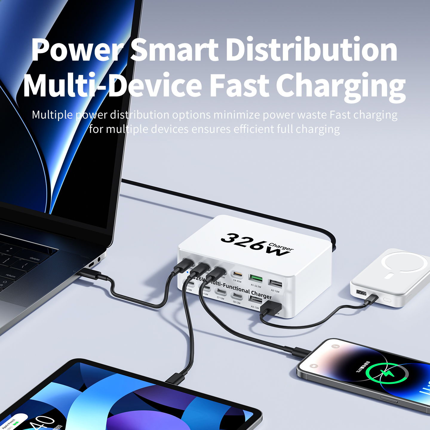 OEM Ladestasjon WLX-818E, 326W, 3,25A, 4 x USB-A - 8 x USB-C, Hvit