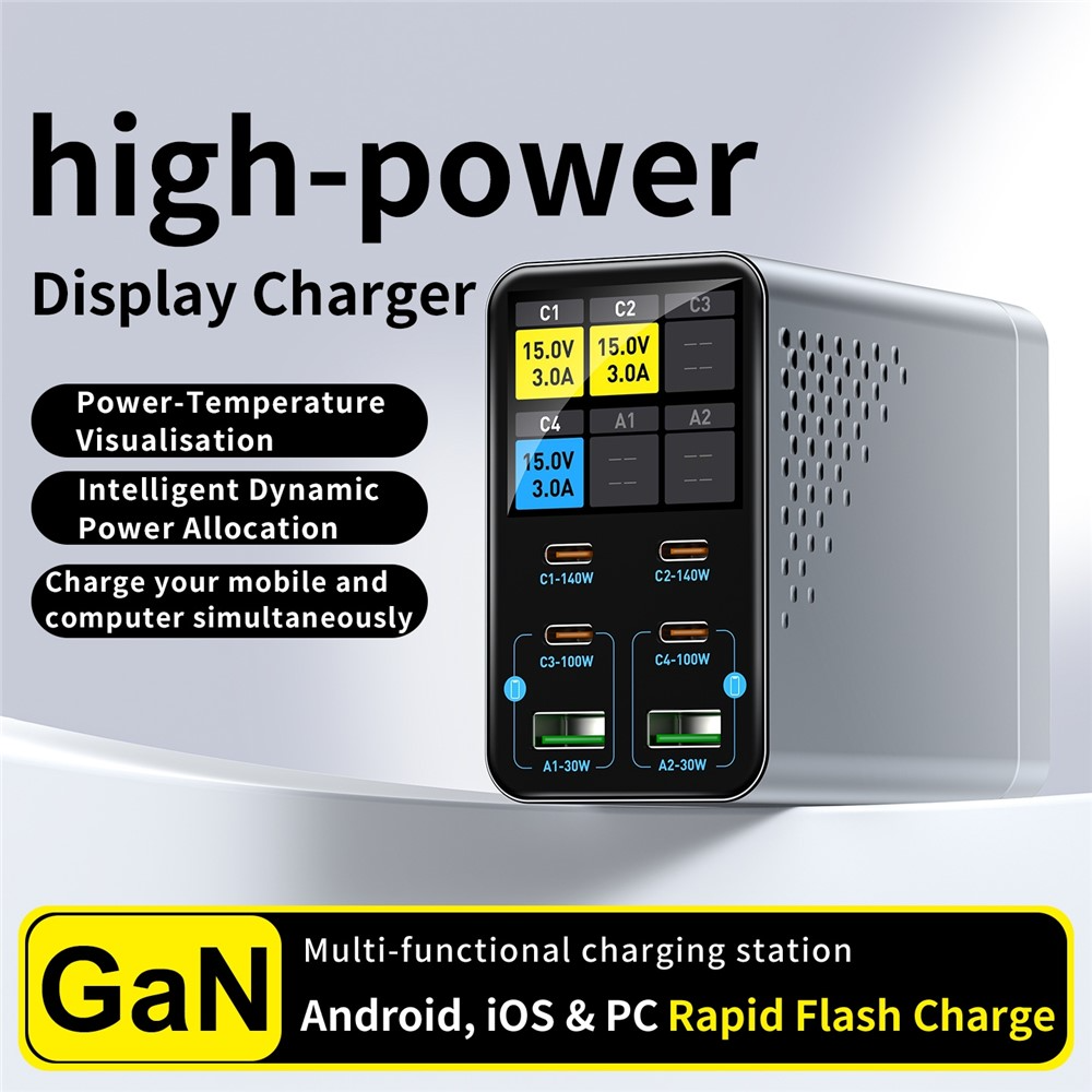 OEM WLX-G3 Ladestasjon, 140W, 5A, 2 x USB-A - 4 x USB-C, Grå