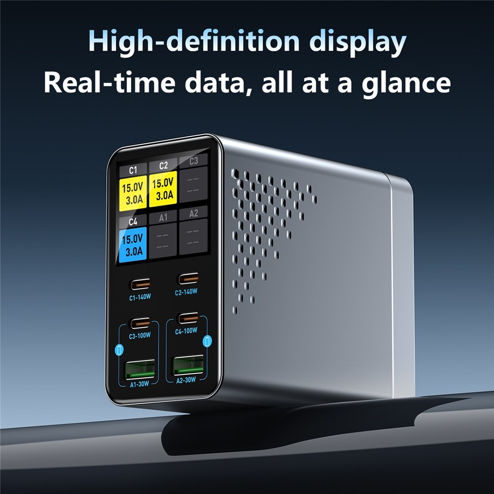 OEM WLX-G3 Ladestasjon, 140W, 5A, 2 x USB-A - 4 x USB-C, Grå