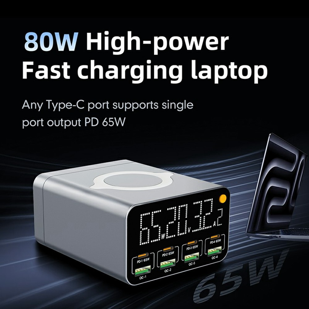 OEM WLX-M3 QI Ladestasjon, 80W, 4 x USB-A - 4 x USB-C, Grå