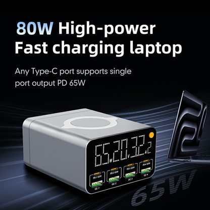 OEM WLX-M3 QI Ladestasjon, 80W, 4 x USB-A - 4 x USB-C, Grå