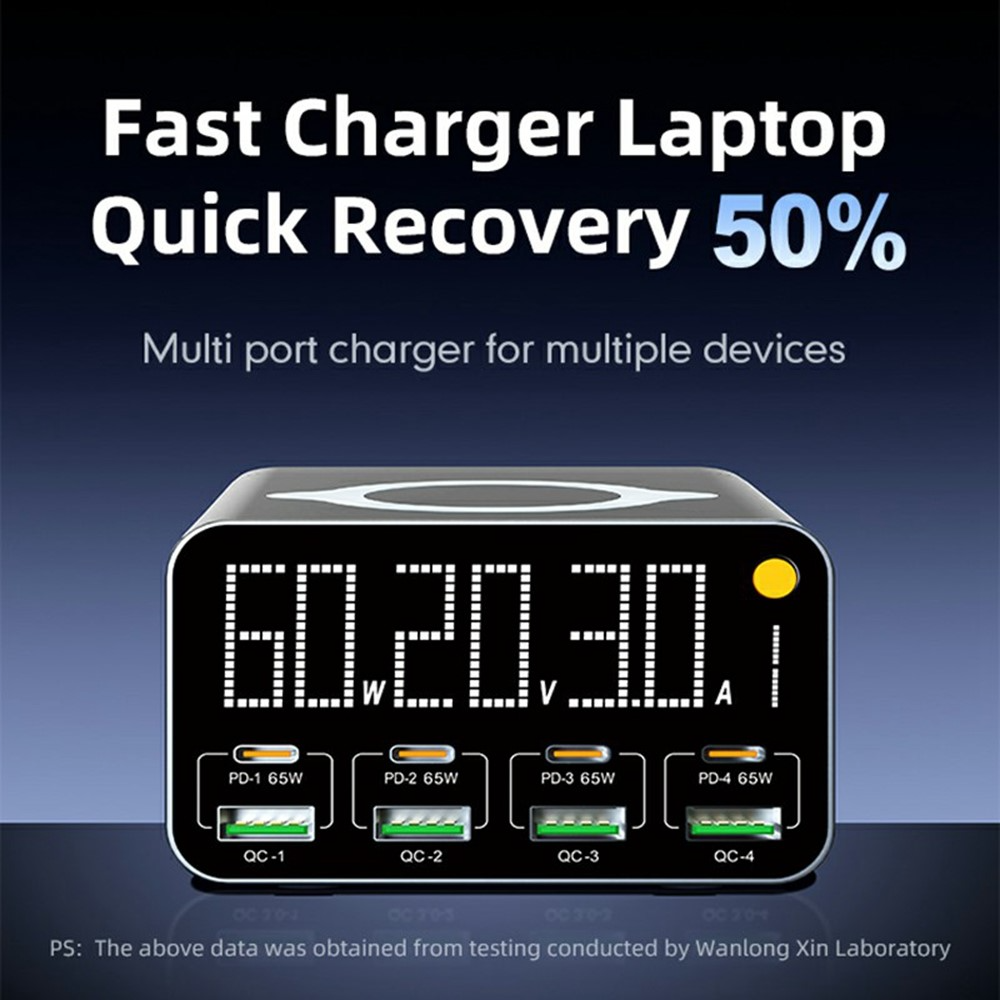 OEM WLX-M3 QI Ladestasjon, 80W, 4 x USB-A - 4 x USB-C, Grå