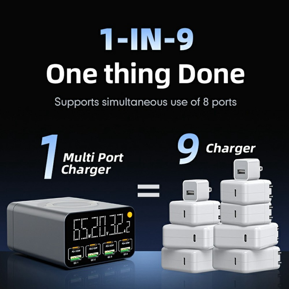 OEM WLX-M3 QI Ladestasjon, 80W, 4 x USB-A - 4 x USB-C, Grå