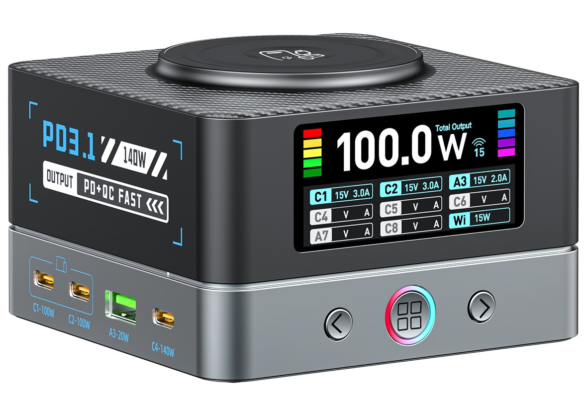 OEM WLX-R8A QI Ladestasjon, 140W, 5A, 2 x USB-A - 6 x USB-C, Grå