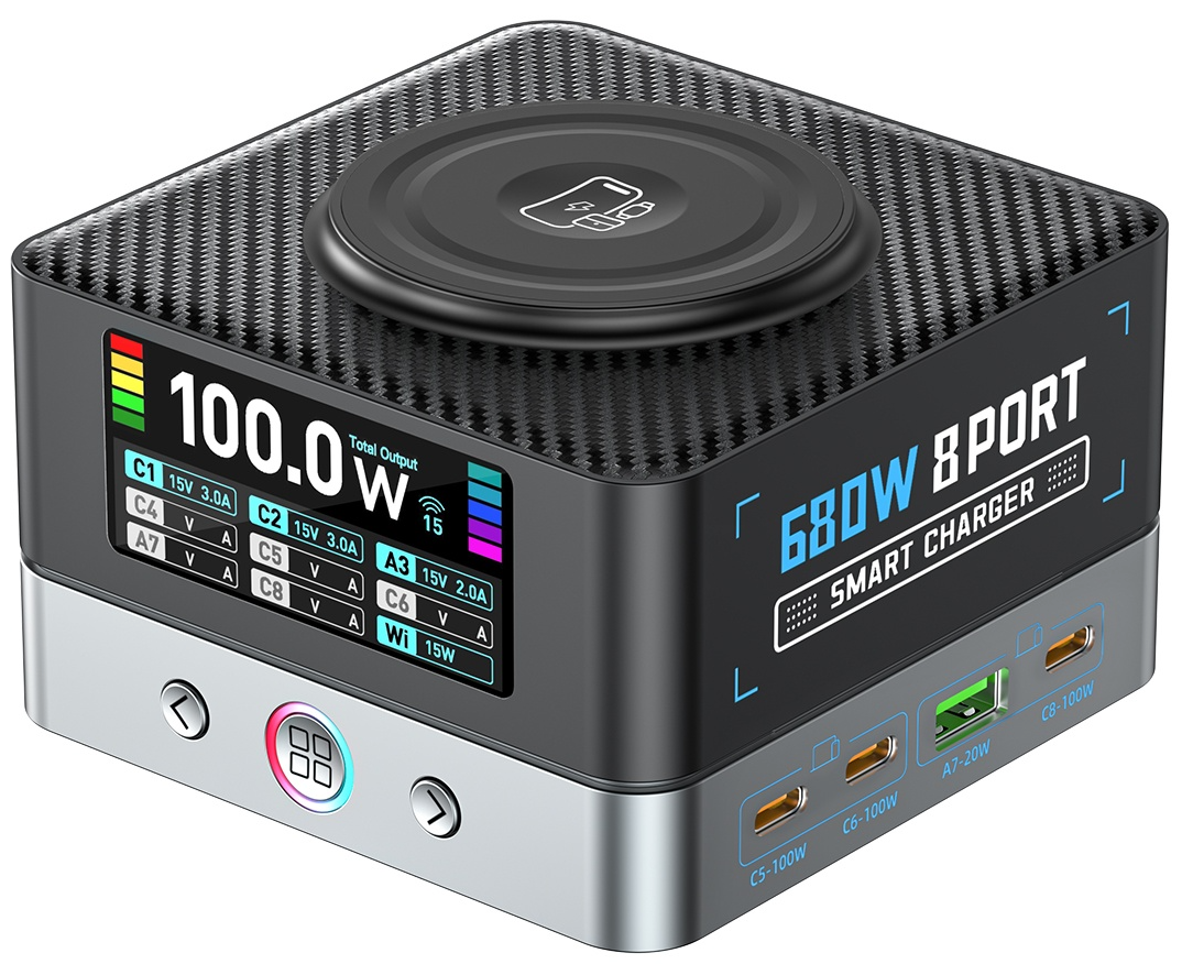 OEM WLX-R8A QI Ladestasjon, 140W, 5A, 2 x USB-A - 6 x USB-C, Grå