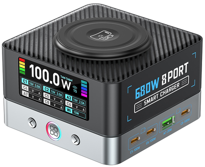 OEM WLX-R8A QI Ladestasjon, 140W, 5A, 2 x USB-A - 6 x USB-C, Grå