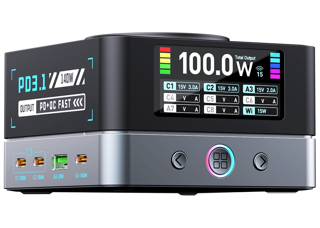 OEM WLX-R8A QI Ladestasjon, 140W, 5A, 2 x USB-A - 6 x USB-C, Grå