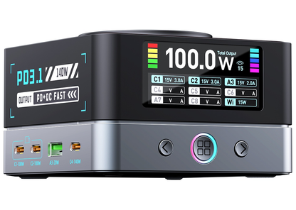 OEM WLX-R8A QI Ladestasjon, 140W, 5A, 2 x USB-A - 6 x USB-C, Grå