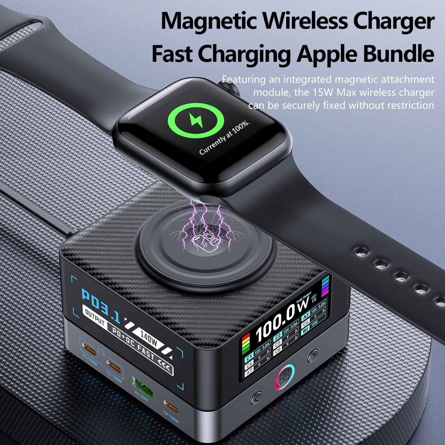 OEM WLX-R8A QI Ladestasjon, 140W, 5A, 2 x USB-A - 6 x USB-C, Grå