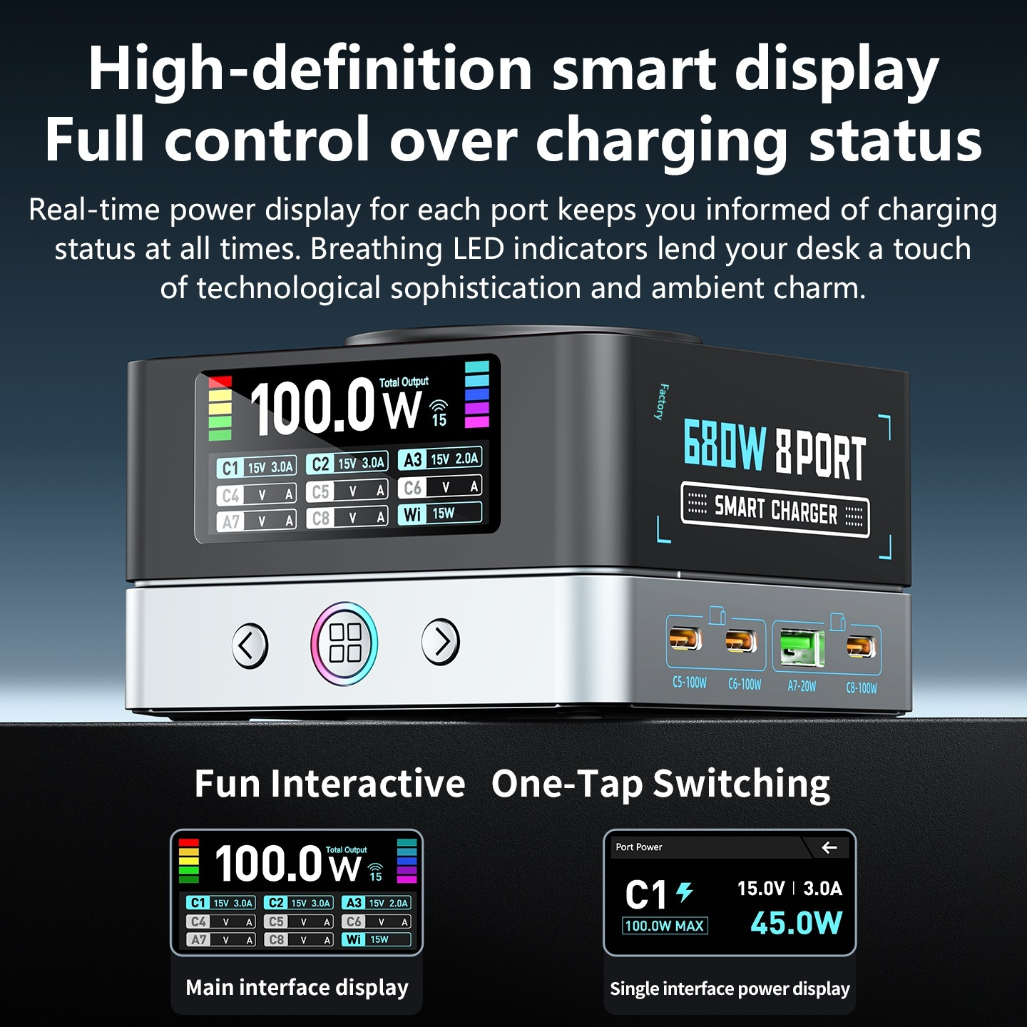 OEM WLX-R8A QI Ladestasjon, 140W, 5A, 2 x USB-A - 6 x USB-C, Grå