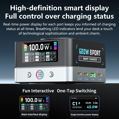 OEM WLX-R8A QI Ladestasjon, 140W, 5A, 2 x USB-A - 6 x USB-C, Grå