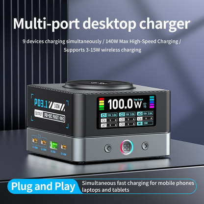 OEM WLX-R8A QI Ladestasjon, 140W, 5A, 2 x USB-A - 6 x USB-C, Grå
