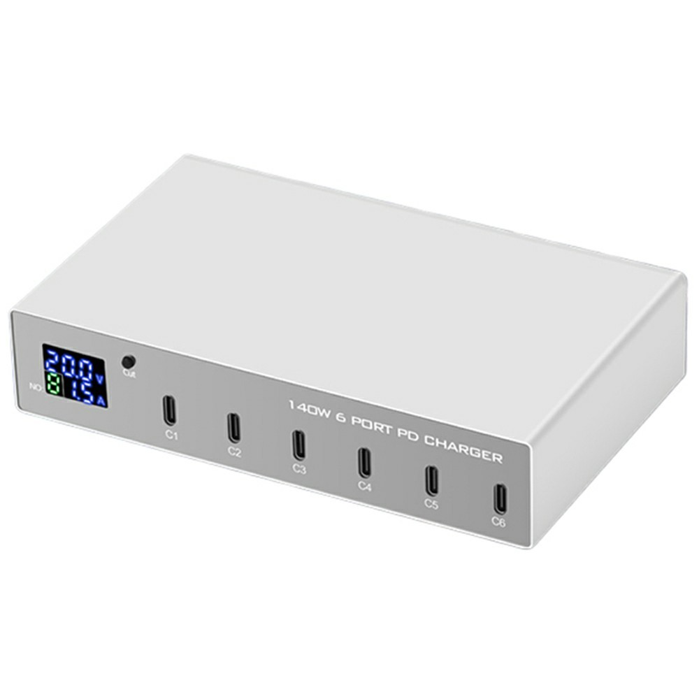 OEM WLX-X6P Ladestasjon, 140W, 3A, 6 x USB-C, Sølv