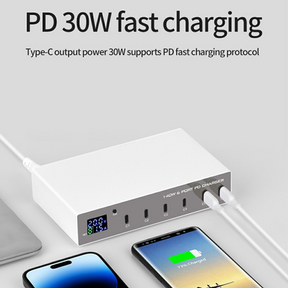 OEM WLX-X6P Ladestasjon, 140W, 3A, 6 x USB-C, Sølv