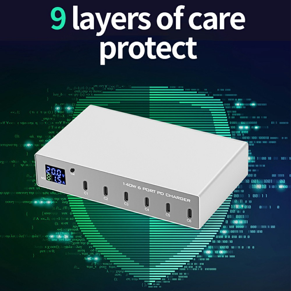 OEM WLX-X6P Ladestasjon, 140W, 3A, 6 x USB-C, Sølv