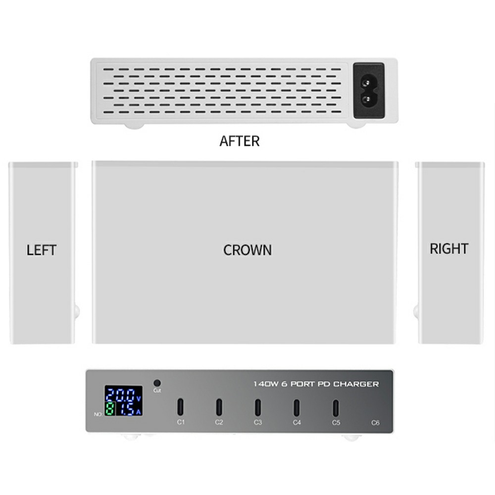 OEM WLX-X6P Ladestasjon, 140W, 3A, 6 x USB-C, Sølv