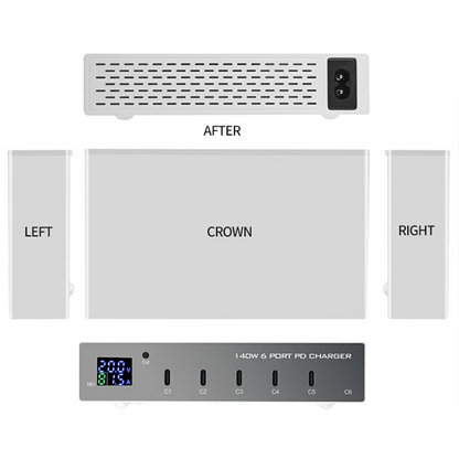 OEM WLX-X6P Ladestasjon, 140W, 3A, 6 x USB-C, Sølv