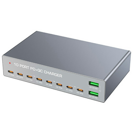 OEM WLX-X6Y Ladestasjon, 140W, 5A, 2 x USB-A - 8 x USB-C, Sølv