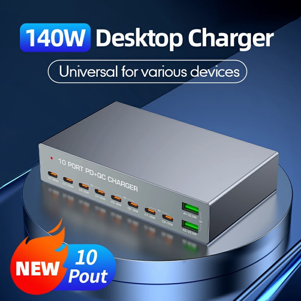 OEM WLX-X6Y Ladestasjon, 140W, 5A, 2 x USB-A - 8 x USB-C, Sølv
