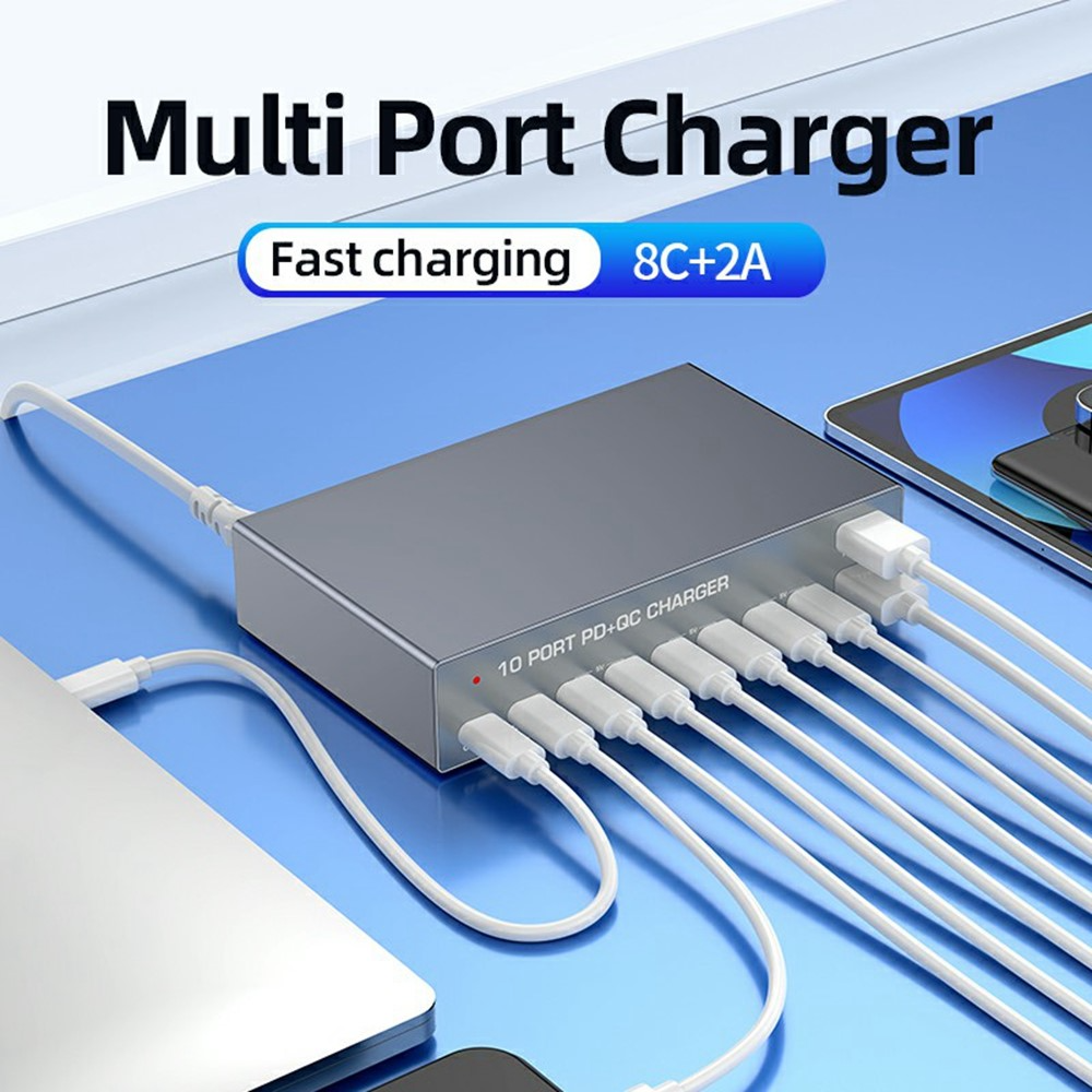 OEM WLX-X6Y Ladestasjon, 140W, 5A, 2 x USB-A - 8 x USB-C, Sølv