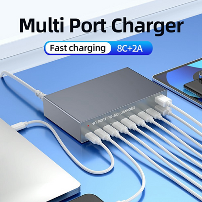 OEM WLX-X6Y Ladestasjon, 140W, 5A, 2 x USB-A - 8 x USB-C, Sølv