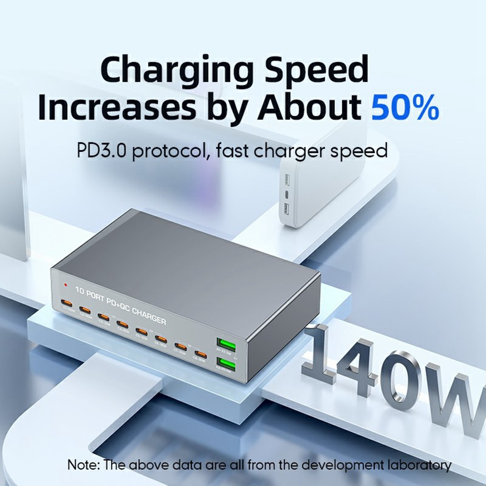 OEM WLX-X6Y Ladestasjon, 140W, 5A, 2 x USB-A - 8 x USB-C, Sølv