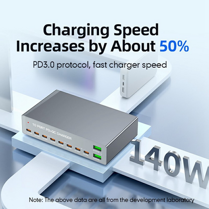 OEM WLX-X6Y Ladestasjon, 140W, 5A, 2 x USB-A - 8 x USB-C, Sølv
