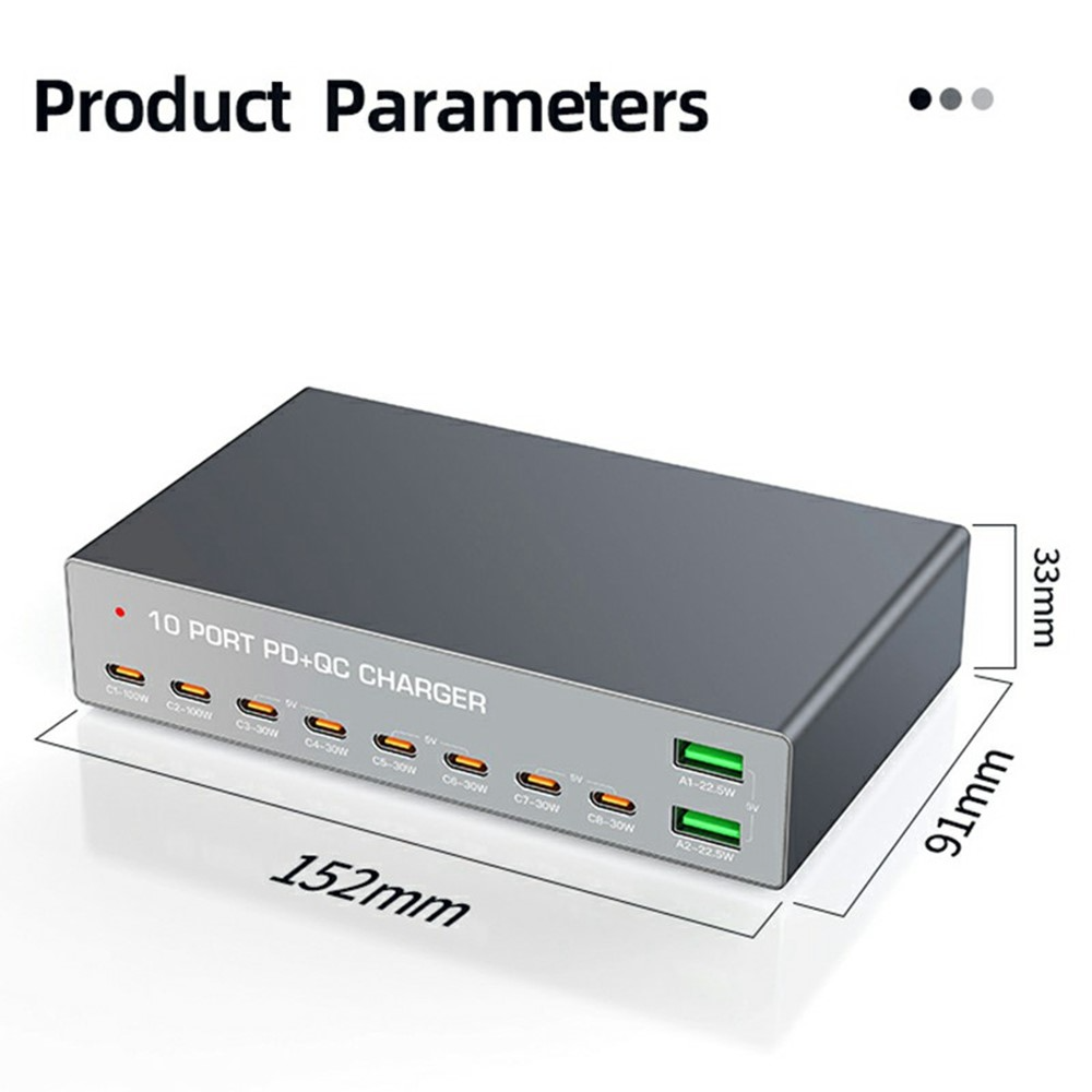 OEM WLX-X6Y Ladestasjon, 140W, 5A, 2 x USB-A - 8 x USB-C, Sølv