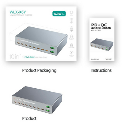 OEM WLX-X6Y Ladestasjon, 140W, 5A, 2 x USB-A - 8 x USB-C, Sølv