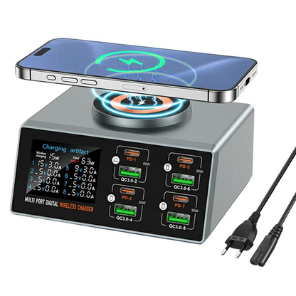 OEM WLX-X9S QI Ladestasjon, 140W, 3A, 4 x USB-A - 4 x USB-C, Sølv