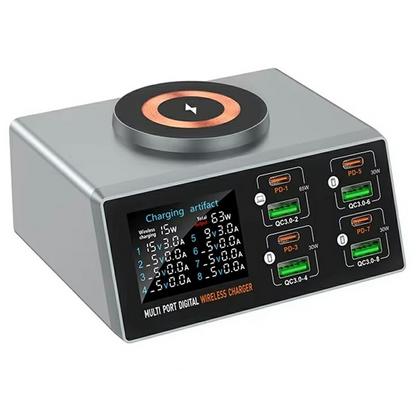 OEM WLX-X9S QI Ladestasjon, 140W, 3A, 4 x USB-A - 4 x USB-C, Sølv