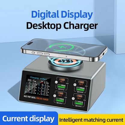 OEM WLX-X9S QI Ladestasjon, 140W, 3A, 4 x USB-A - 4 x USB-C, Sølv