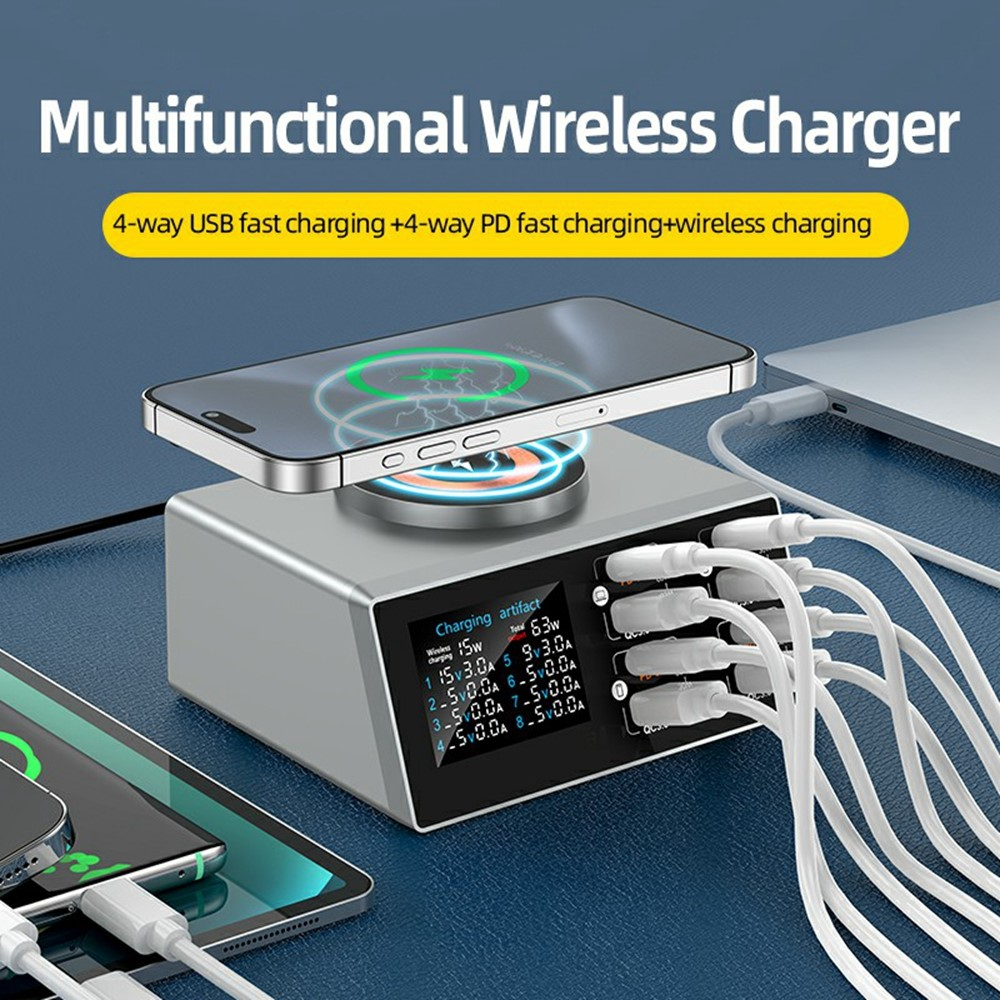 OEM WLX-X9S QI Ladestasjon, 140W, 3A, 4 x USB-A - 4 x USB-C, Sølv