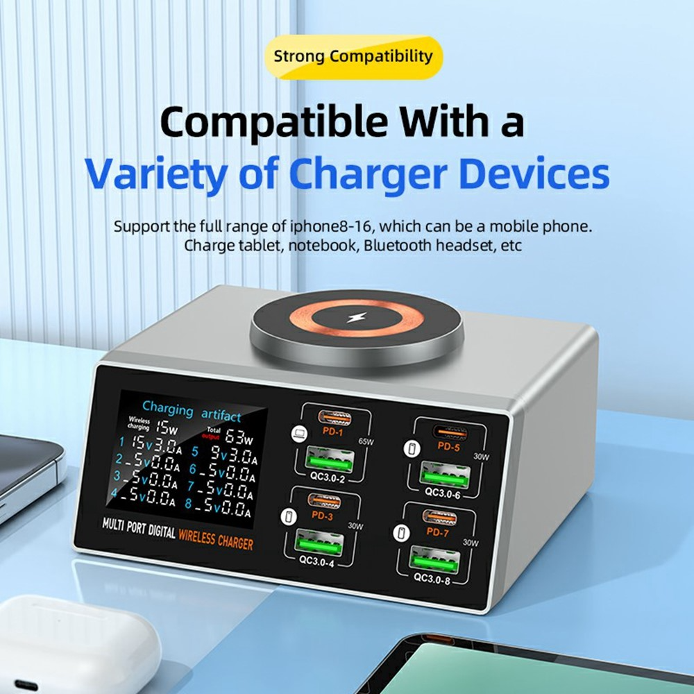 OEM WLX-X9S QI Ladestasjon, 140W, 3A, 4 x USB-A - 4 x USB-C, Sølv