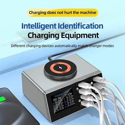 OEM WLX-X9S QI Ladestasjon, 140W, 3A, 4 x USB-A - 4 x USB-C, Sølv