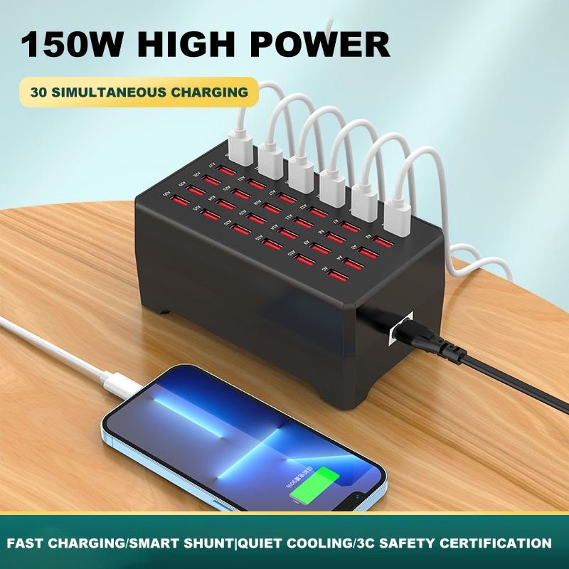 OEM WT-268 ladestasjon, 150W, 2,4A, 30 x USB-A, svart
