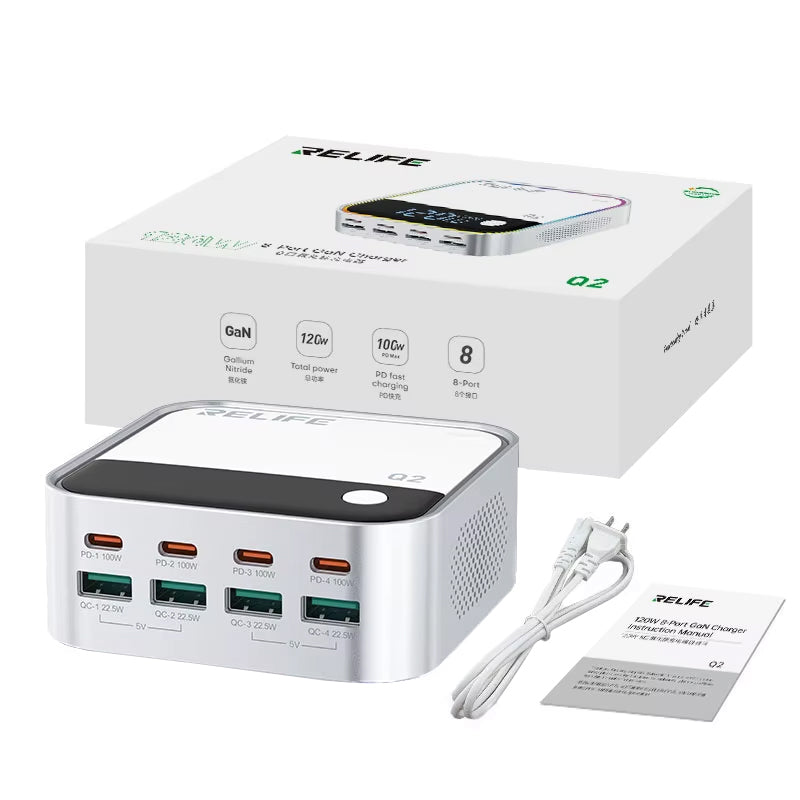 Ladestasjon Relife Q2, 120W, 5A, 4 x USB-A - 4 x USB-C, Sølv