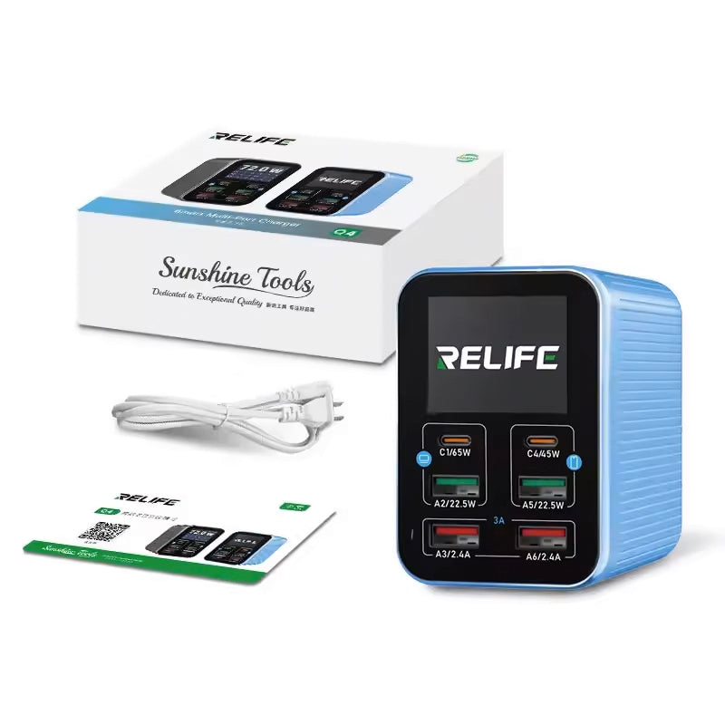 Ladestasjon Relife Q4, 72W, 5A, 2 x USB-C - 4 x USB-A, Blå