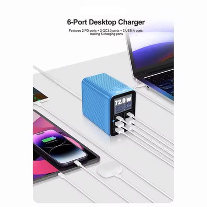 Ladestasjon Relife Q4, 72W, 5A, 2 x USB-C - 4 x USB-A, Blå