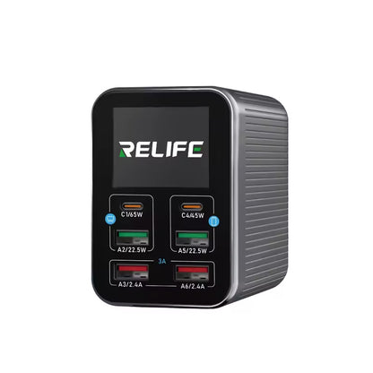 Ladestasjon Relife Q4, 72W, 5A, 2 x USB-C - 4 x USB-A, Grå