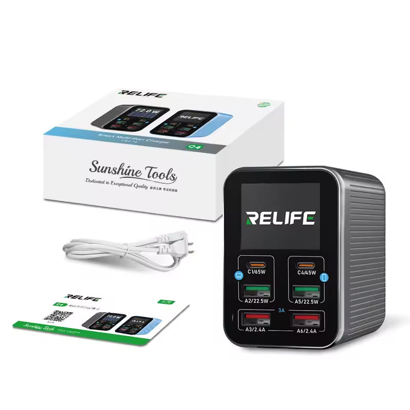 Ladestasjon Relife Q4, 72W, 5A, 2 x USB-C - 4 x USB-A, Grå
