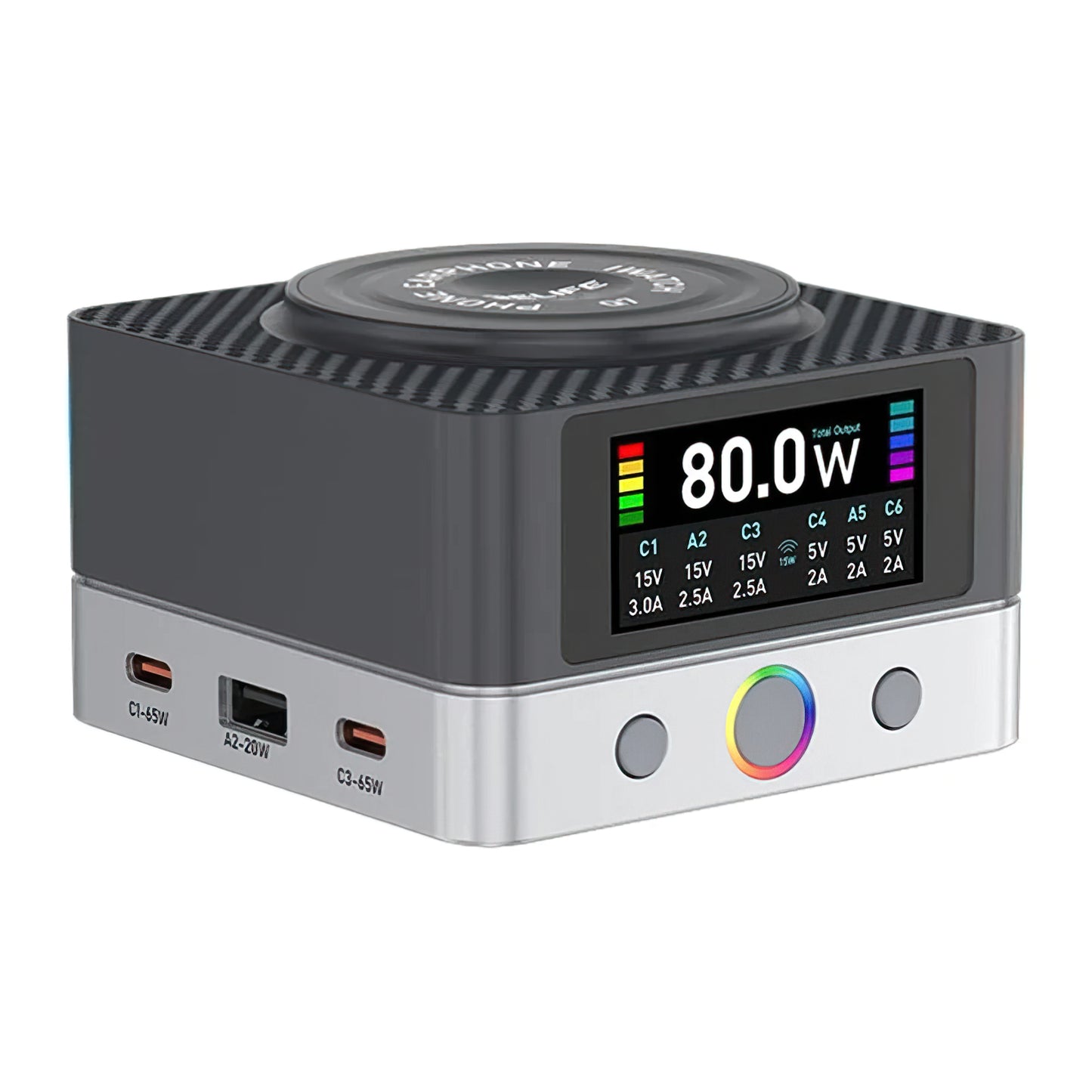 Ladestasjon Relife Q7 QI, 80W, 3.25A, 2 x USB-A - 4 x USB-C, Grå