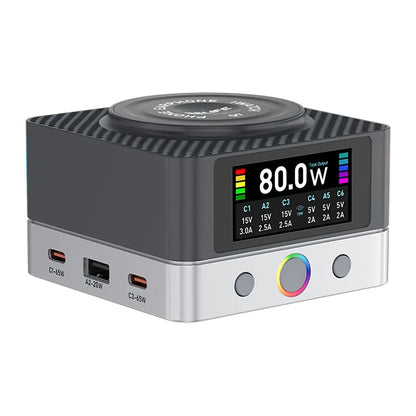 Ladestasjon Relife Q7 QI, 80W, 3.25A, 2 x USB-A - 4 x USB-C, Grå