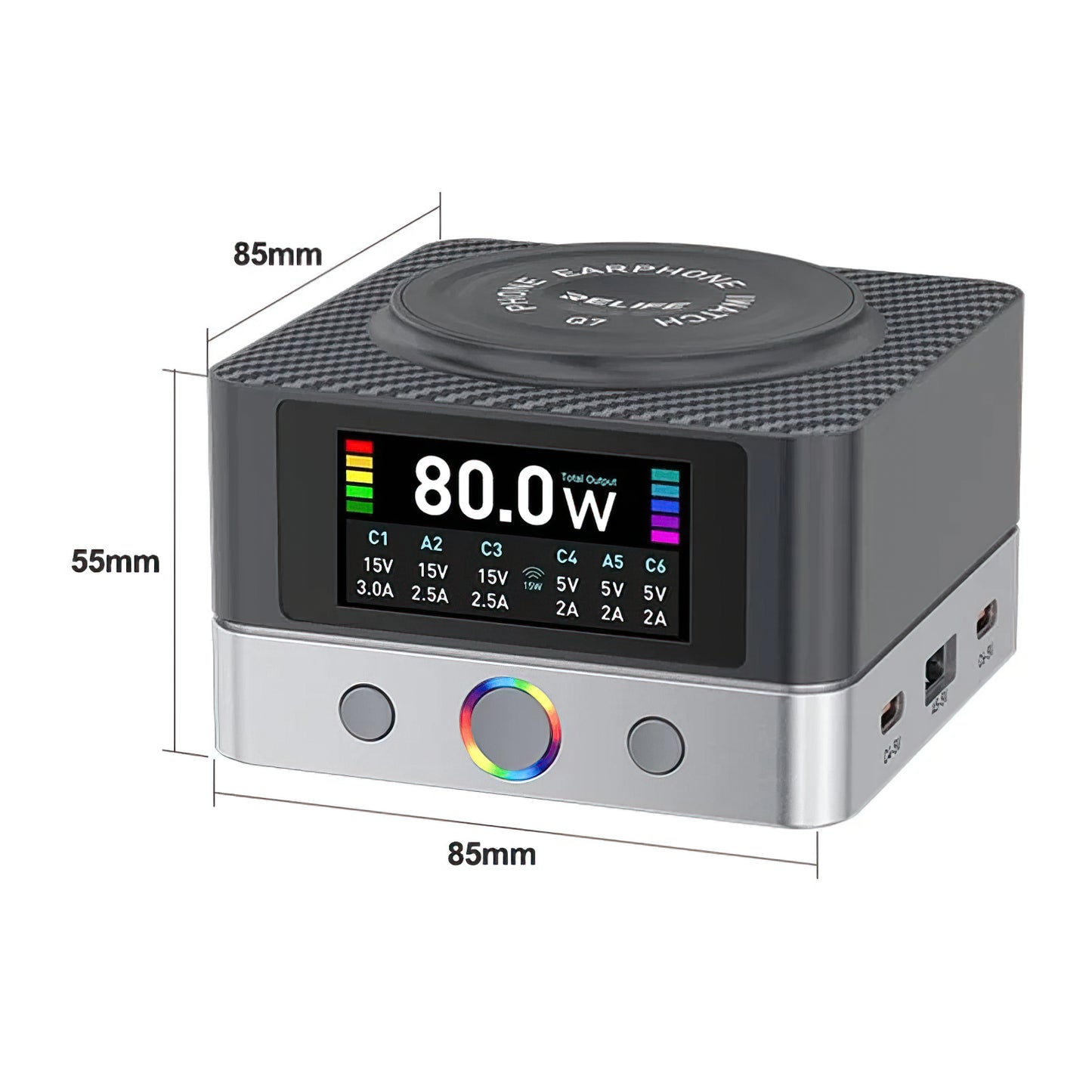 Ladestasjon Relife Q7 QI, 80W, 3.25A, 2 x USB-A - 4 x USB-C, Grå