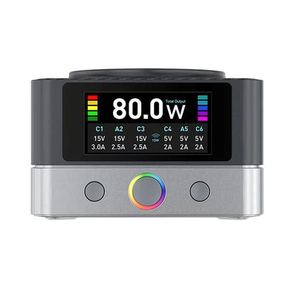 Ladestasjon Relife Q7 QI, 80W, 3.25A, 2 x USB-A - 4 x USB-C, Grå